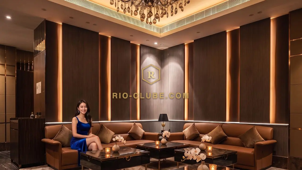 Main lounge at Clube Rio, a Macau KTV club, with a crystal chandelier and back-lit wood panels above tan leather sofas, a hostess in a blue velvet dress seated at the left and candles and orchids on the black marble tables